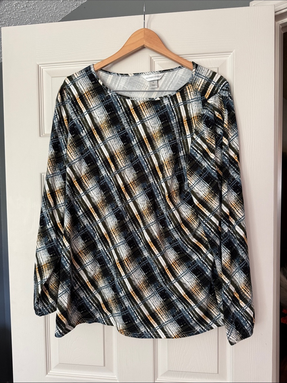 Christopher & Banks Plaid Long-Sleeve Top - Black, White & Gold
